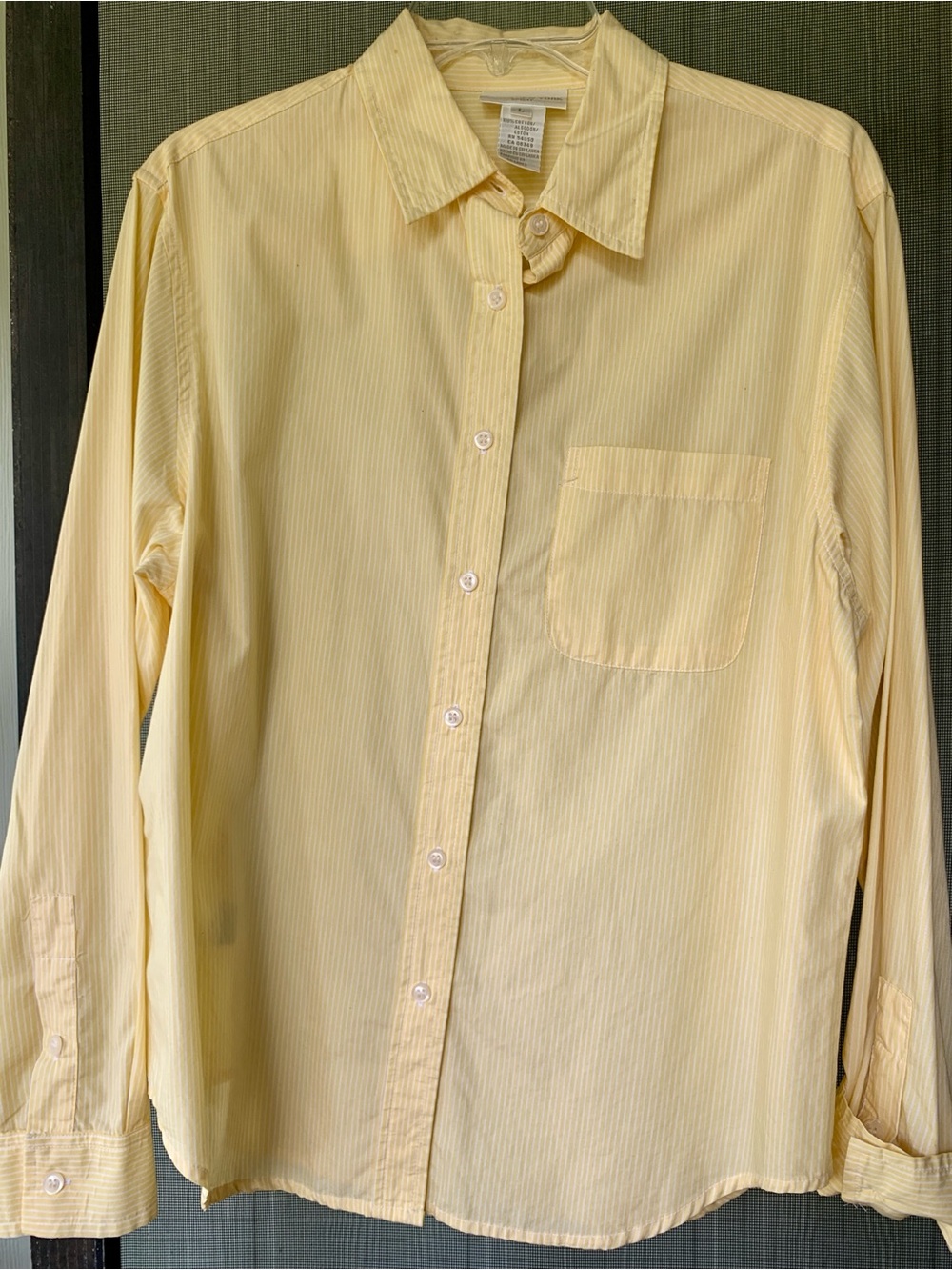Jones New York Shirt Pale Yellow Stripe, Cotton Woven, Size Large